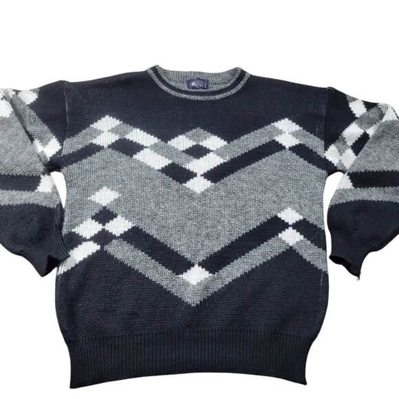 Knightsbridge Sweater Mens Black Large Geometric Grandpa Acrylic Crew Read - Picture 1 of 7